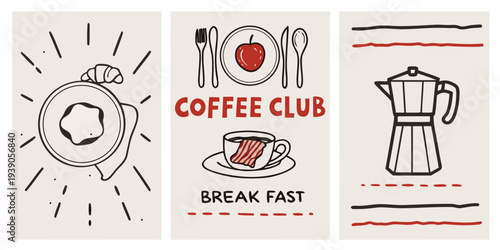 Minimalist triptych featuring coffee breakfast and sun illustrations