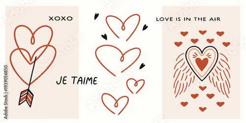 Romantic illustration featuring hearts arrows and loving phrases