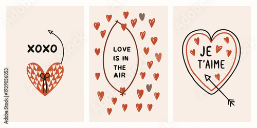 Three panels displaying romantic phrases and heart illustrations in pink hues