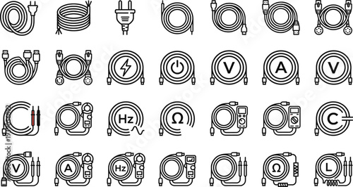 electrical cable and measurement line icons set, power plug wires, multimeter testing, voltage current symbols, electronics outline vector