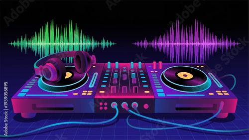Professional dj mixing music on a digital console with colorful sound waves in the background at a nightclub