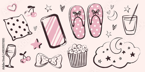 A playful collection of pink summer items and sweet treats doodles