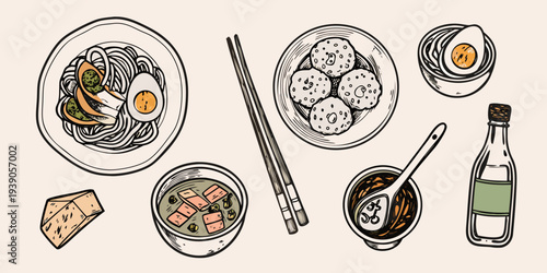 A stylized illustration of various asian cuisine dishes and condiments