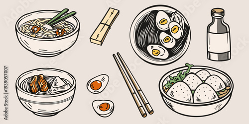 A colorful illustration of various japanese foods including ramen and dumplings