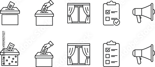 Election and voting line icons set, ballot box with hand, voting booth curtains, checklist survey results, megaphone announcement, political campaign symbols