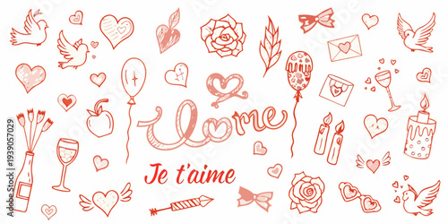Romantic doodles featuring hearts birds and love themed illustrations