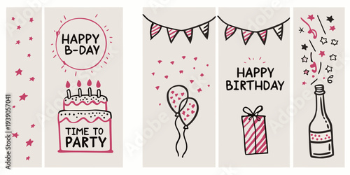 Hand drawn birthday illustrations with cake balloons and celebratory elements