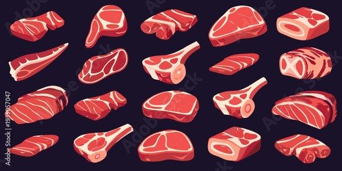 Various cuts of raw red meat displayed against a dark purple background