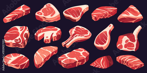 Various cuts of raw red meat displayed against a dark background