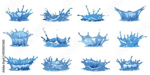 Collection of stylized water splashes in varying shapes and forms