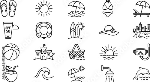 summer beach vacation line icons set, tropical holiday symbols, sun umbrella wave flip flops, travel leisure outline vector collection