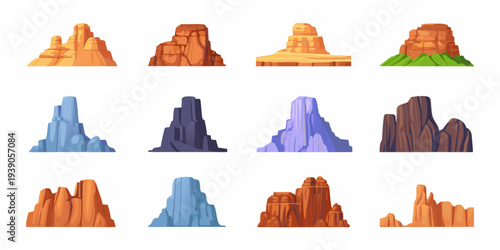 Cartoon collection of colorful rock formations and stylized mountain peaks