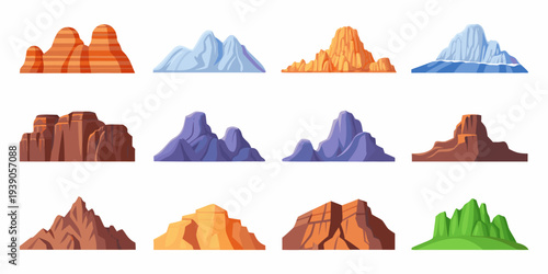 Cartoon illustration of various colorful mountain formations arranged in rows