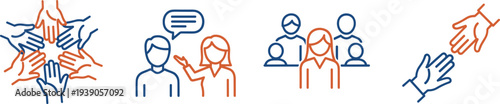 Teamwork and community line icons set, diverse group of people, hands reaching together for cooperation, support and communication, business partnership