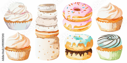 Watercolor illustration of assorted cupcakes and donuts on a white background