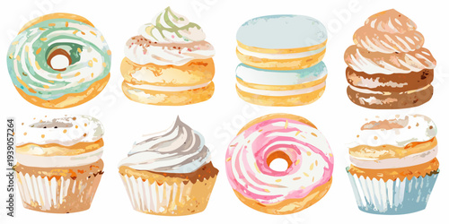 Watercolor illustration of assorted pastries including macarons and cupcakes