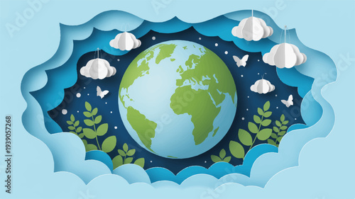 Earth day poster with paper cut globe clouds leaves and butterflies on blue background eco friendly symbol for environmental conservation and sustainability