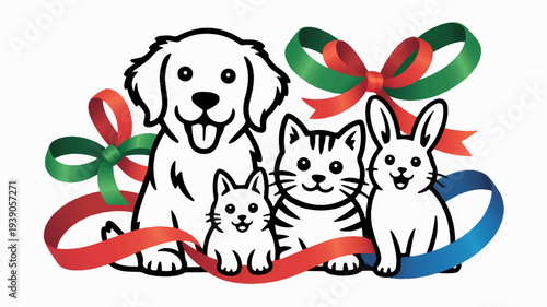 Vector illustration of a dog cat and rabbit together with festive red and green ribbons and bows on white background
