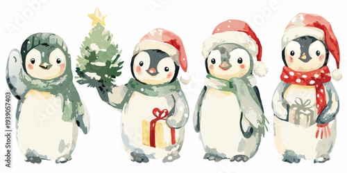 Festive penguins in santa hats with gifts and a christmas tree