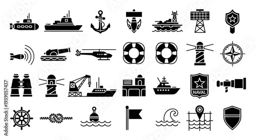 Naval Maritime Shipping and Military Glyph Icons Set, Isolated White Background