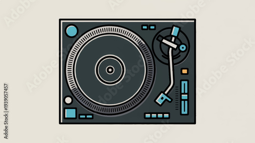 Dj turntable equipment for music mixing and performance with colorful interface on gray background
