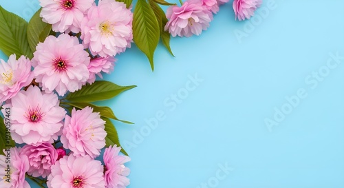 Blooming Pink Cherry Blossom Branches Extending across Soft Light Blue Surface with Copy Space First Day of Spring Seasonal Renewal Concept