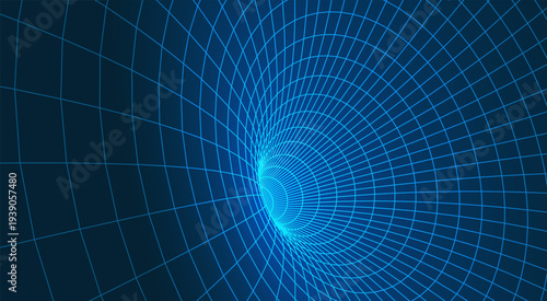 Mathematical geometric tunnel with 3D wireframe mesh surface and perspective grid lines in neon blue glowing style, parametric design vector illustration.