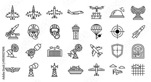 Military Air Force Aviation Defense Line Icons Set, Isolated White Background