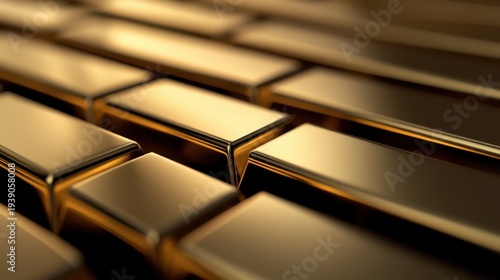 Rows of Gleaming Gold Bars Stacked in a Reflective, Rich Display of Wealth and Financial Investment