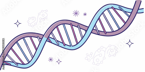 Colorful illustration of a double helix dna strand with sparkling stars around it