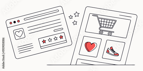 Illustrated icons representing e-commerce features and user interactions on a shopping platform