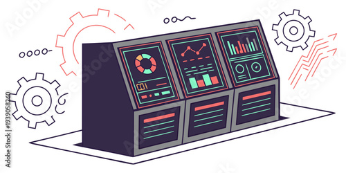 Retro arcade game consoles lined up with colorful digital displays and gears