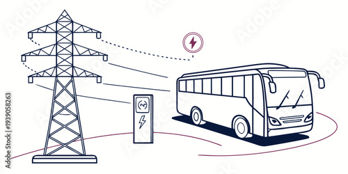 Electric bus charging at a dedicated station near a power transmission tower