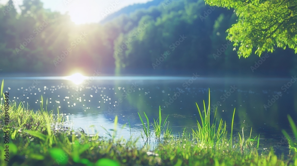 Fototapeta premium Tranquil lake at dawn with sunbeams reflecting on the water and misty forest backdrop