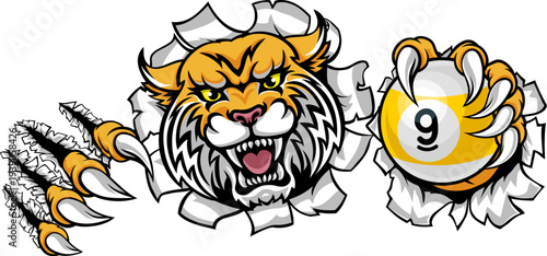 Wildcat, bobcat or lynx nine ball pool billiards sports mascot holding a 9 ball cartoon illustration