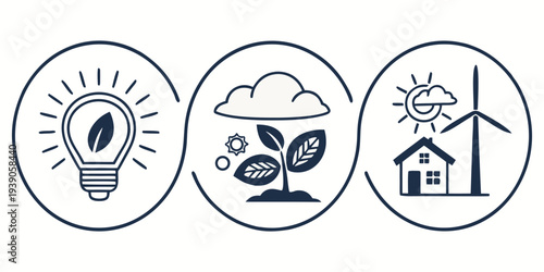 Illustrations of sustainable energy and eco-friendly living concepts