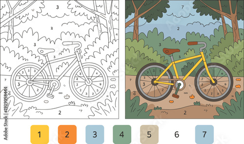 Color By Number Bicycle Activity Sheet with Forest Background and Color Swatches