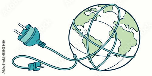 Global connectivity through electricity symbolized by a plug wrapping around the world