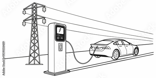 Electric vehicle charging at a roadside station powered by a utility pole.
