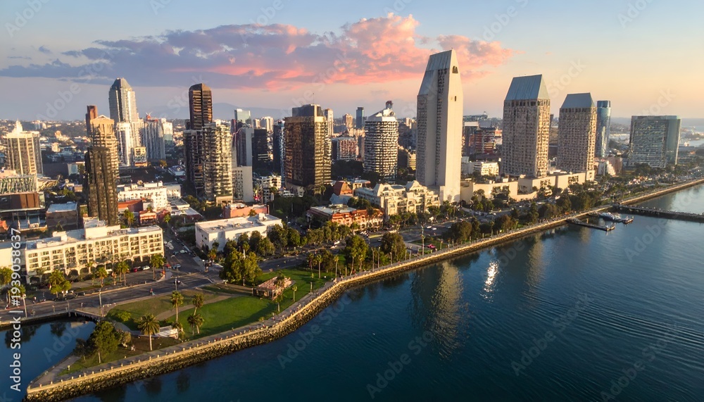 Obraz premium Modern city skyline with tall buildings along the waterfront at sunset