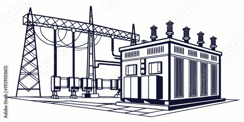 Vintage electrical substation with power lines and transformers