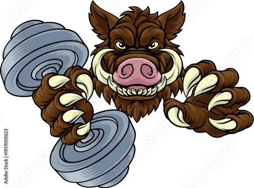 A wild boar, hog razorback warthog pig weight lifting trainer, exercise or body building gym cartoon sports mascot holding weights dumbbell