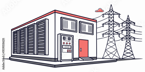 Industrial building with electrical substation and power lines in the background
