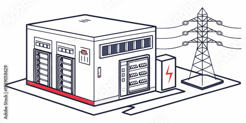 Substation building with electrical transformers and power lines
