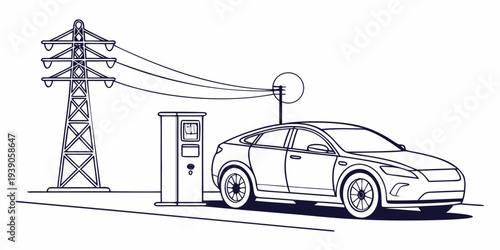 Electric vehicle charging at a modern charging station near power lines