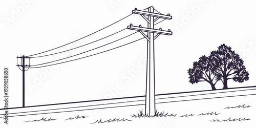 Rural landscape featuring power lines and a lone tree in the distance.