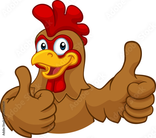 A chicken cartoon rooster cockerel character mascot giving a thumbs up.