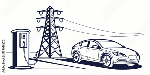 Electric vehicle charging at a modern power station near a highway