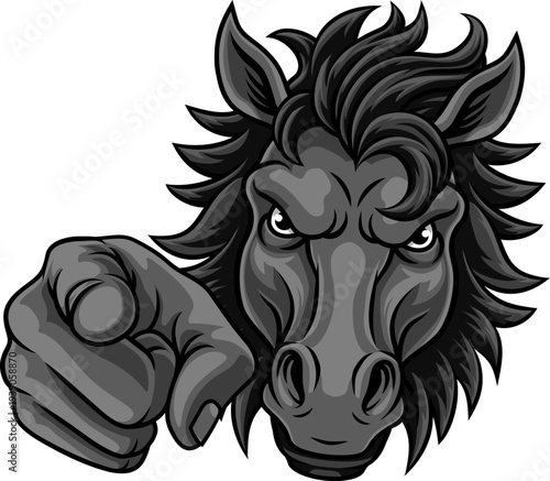 Horse mustang bronco stallion angry mean tough sports team mascot cartoon character design.