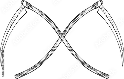 Crossed scythes illustration drawing in vintage woodcut line art engraving style. Rustic farming harvesting hand tools or symbols of the grim reaper.